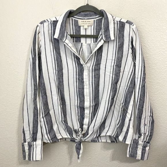 Cloth & Stone Shirt Womens Large Tie Front Striped Button Front Linen Blend - Picture 1 of 8
